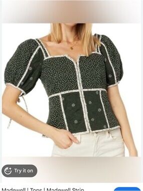 Madewell Dark Green Puff-Sleeve Square Neck Blouse with White Trim